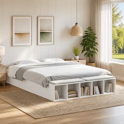 White Bed Frame 150x200cm Storage Compartments Slatted Base Modern Bedroom