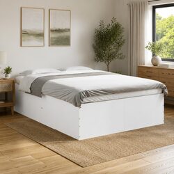 Bed Frame White 135x190 cm Engineered Wood Slatted Base Modern Design Bedroom
