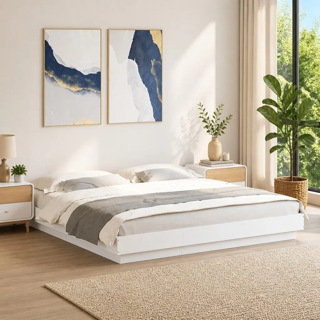 King Bed Frame White 183x203 cm Engineered Wood Slatted Base RGB LED Lights