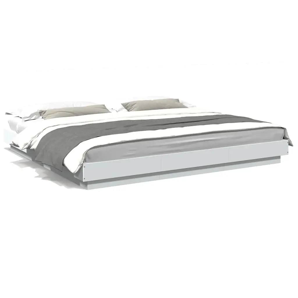 King Bed Frame White 183x203 cm Engineered Wood Slatted Base RGB LED Lights