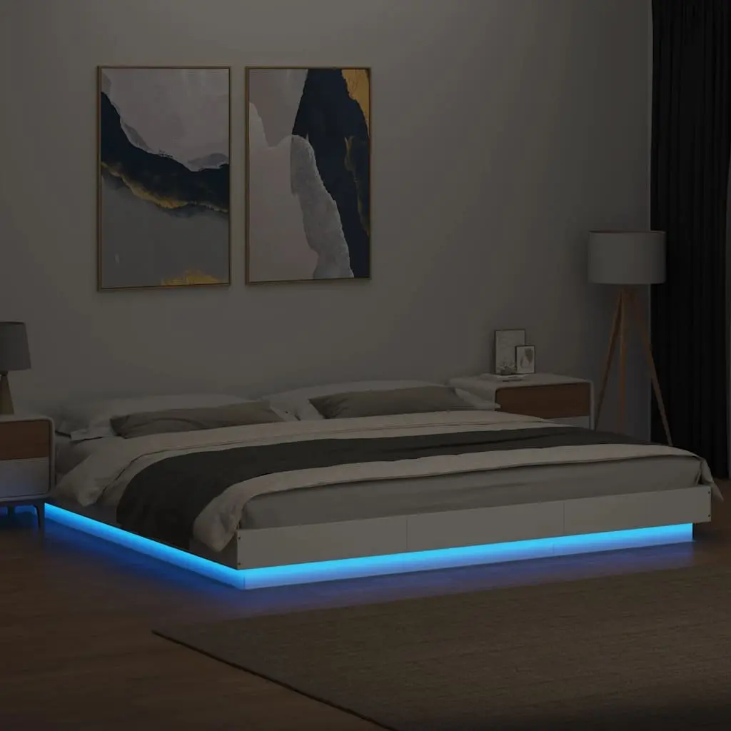 King Bed Frame White 183x203 cm Engineered Wood Slatted Base RGB LED Lights