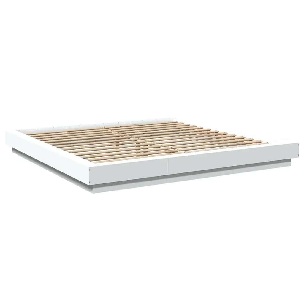 King Bed Frame White 183x203 cm Engineered Wood Slatted Base RGB LED Lights