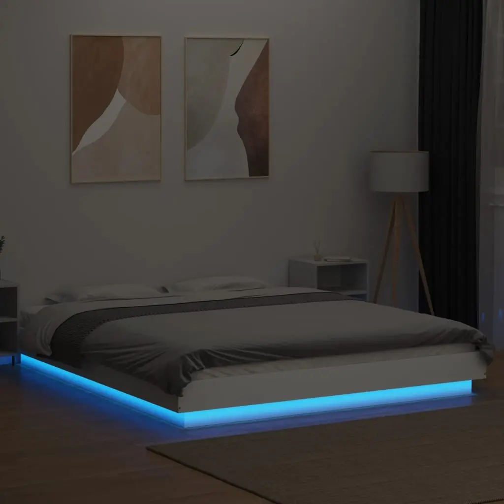Bed Frame White 150x200cm RGB LED Lights Slatted Base