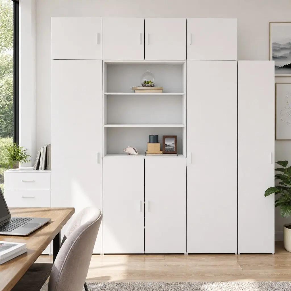 Storage Cabinet White Tall Engineered Wood Vertical Space Saving with Multiple Compartments