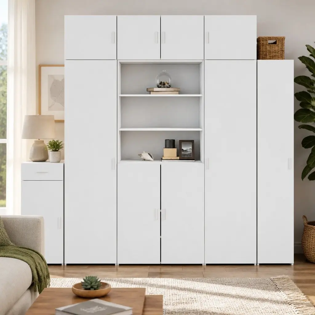 Storage Cabinet Highboard Engineered Wood White 80x42.5x185cm Open Compartments and Doors