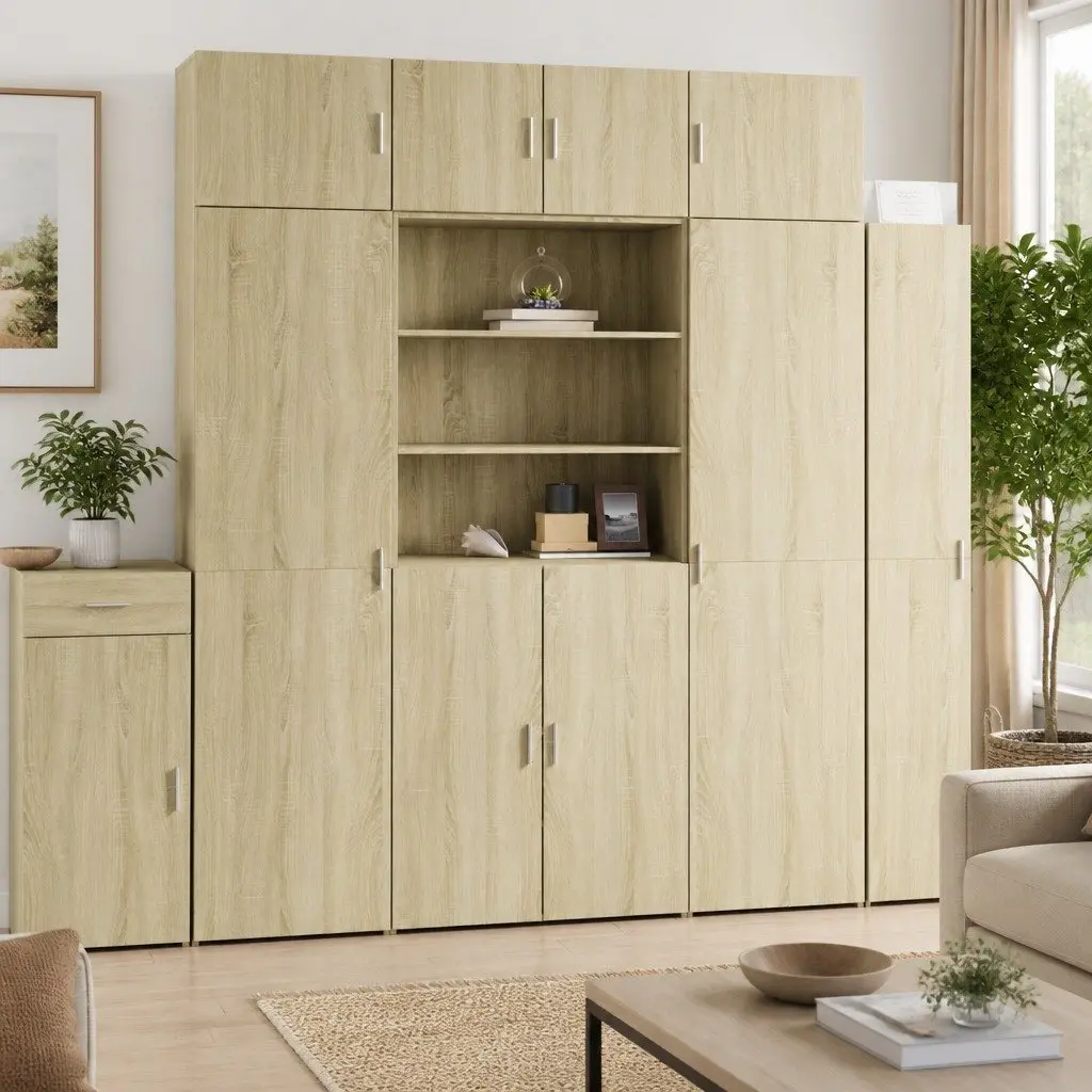 Highboard Brown Engineered Wood Storage Cabinet 80x42.5x185cm Open Compartments and Doors
