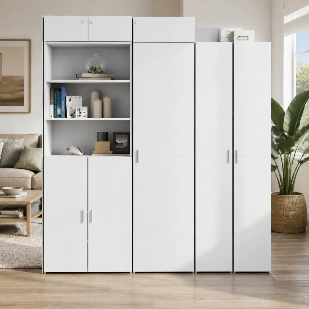 White Highboard Storage Cabinet Engineered Wood 50x42.5x185cm Multiple Compartments and Doors