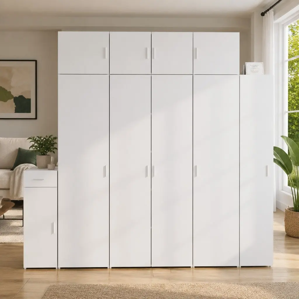 Highboard Storage Cabinet White Engineered Wood Multiple Compartments Easy to Clean
