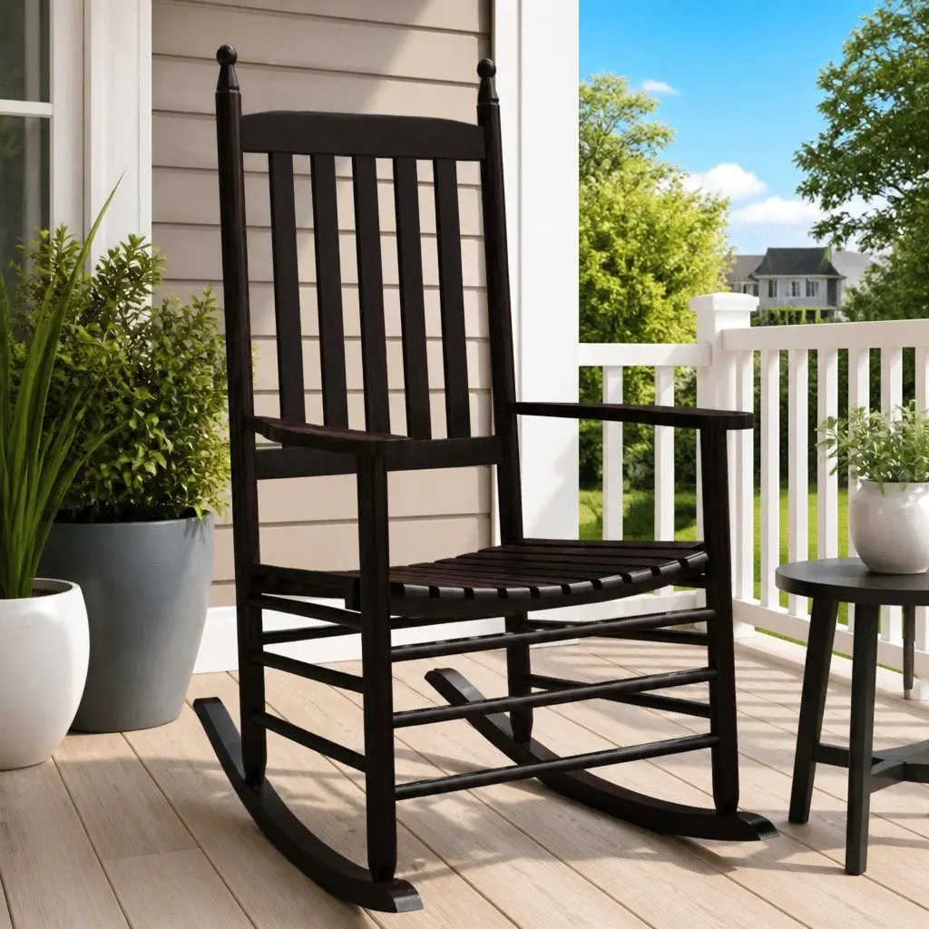 Rocking Chairs Brown Solid Wood Poplar Curved Seat High Back Armrest Set of 2