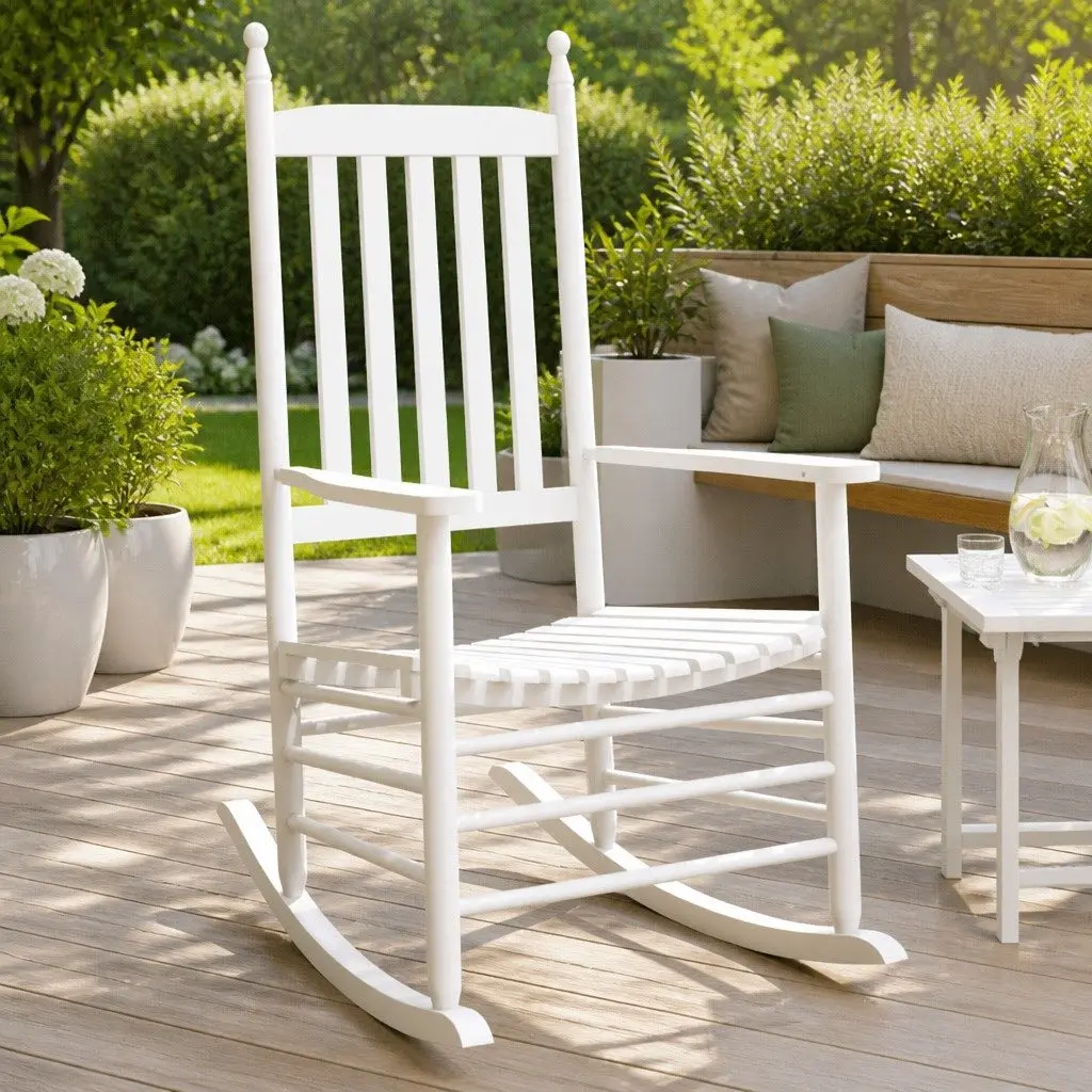 Rocking Chairs White Solid Wood High Back Curved Seat Armrest Set of 2
