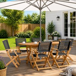 7 Piece Garden Dining Set Black Poly Rattan Solid Wood Outdoor Furniture Patio