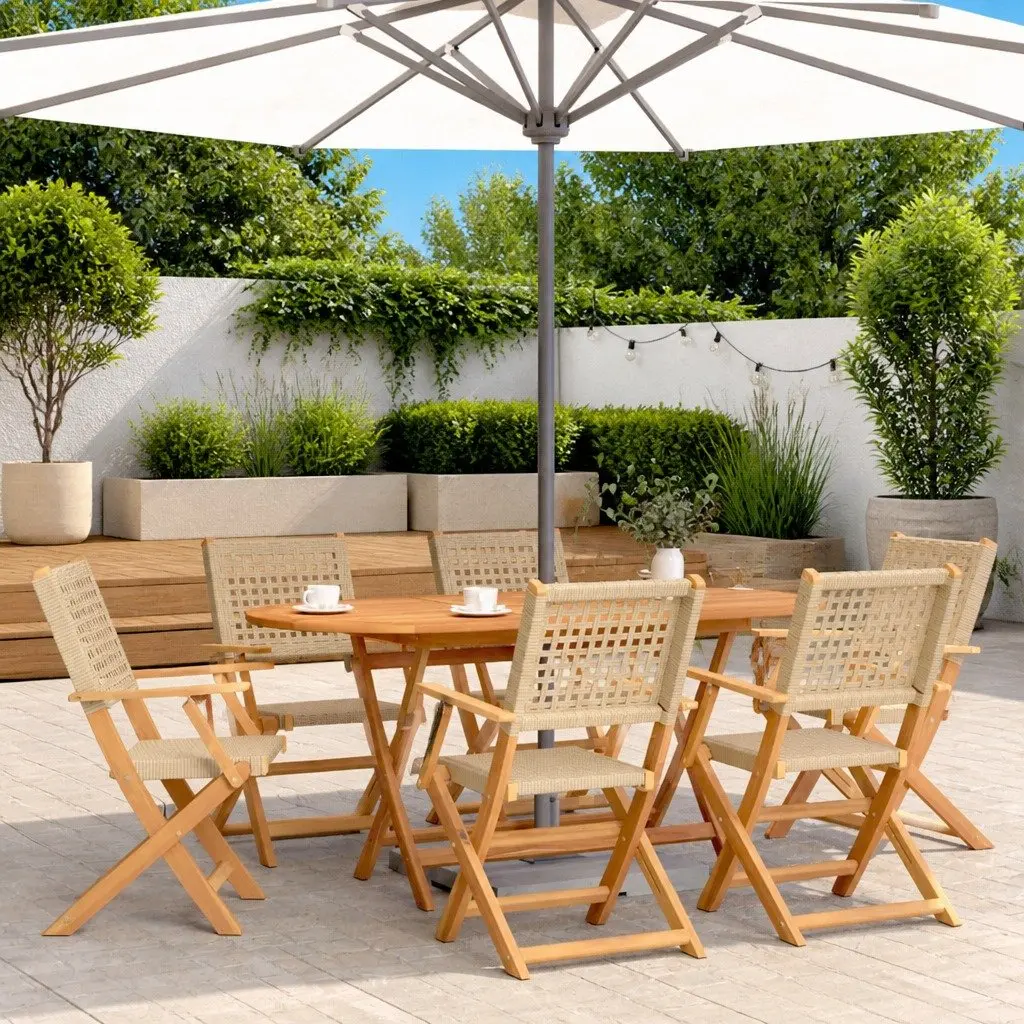 7 Piece Outdoor Garden Dining Set Poly Rattan Acacia Wood Patio Furniture Beige