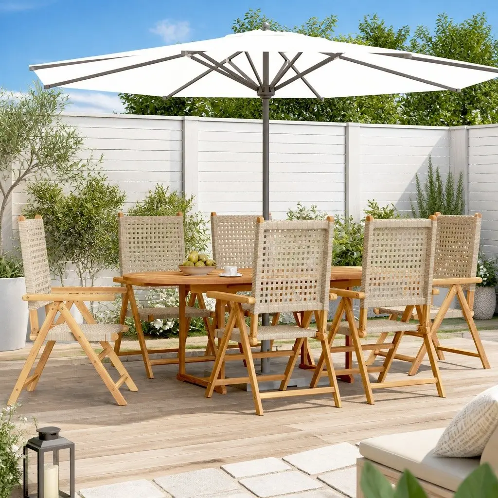 7 Piece Outdoor Dining Set Garden Furniture Beige Poly Rattan Solid Wood Patio