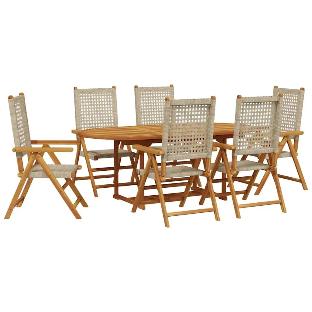 7 Piece Outdoor Dining Set Garden Furniture Beige Poly Rattan Solid Wood Patio