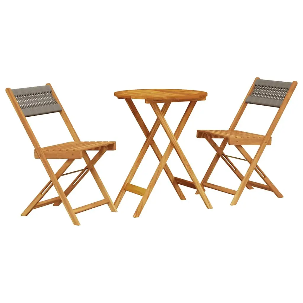3 Piece Bistro Set Grey Folding Table Chairs Acacia Outdoor Garden Furniture