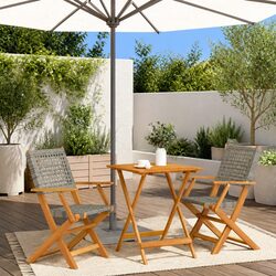 3 Piece Bistro Set Outdoor Garden Furniture Grey Poly Rattan Wood Foldable
