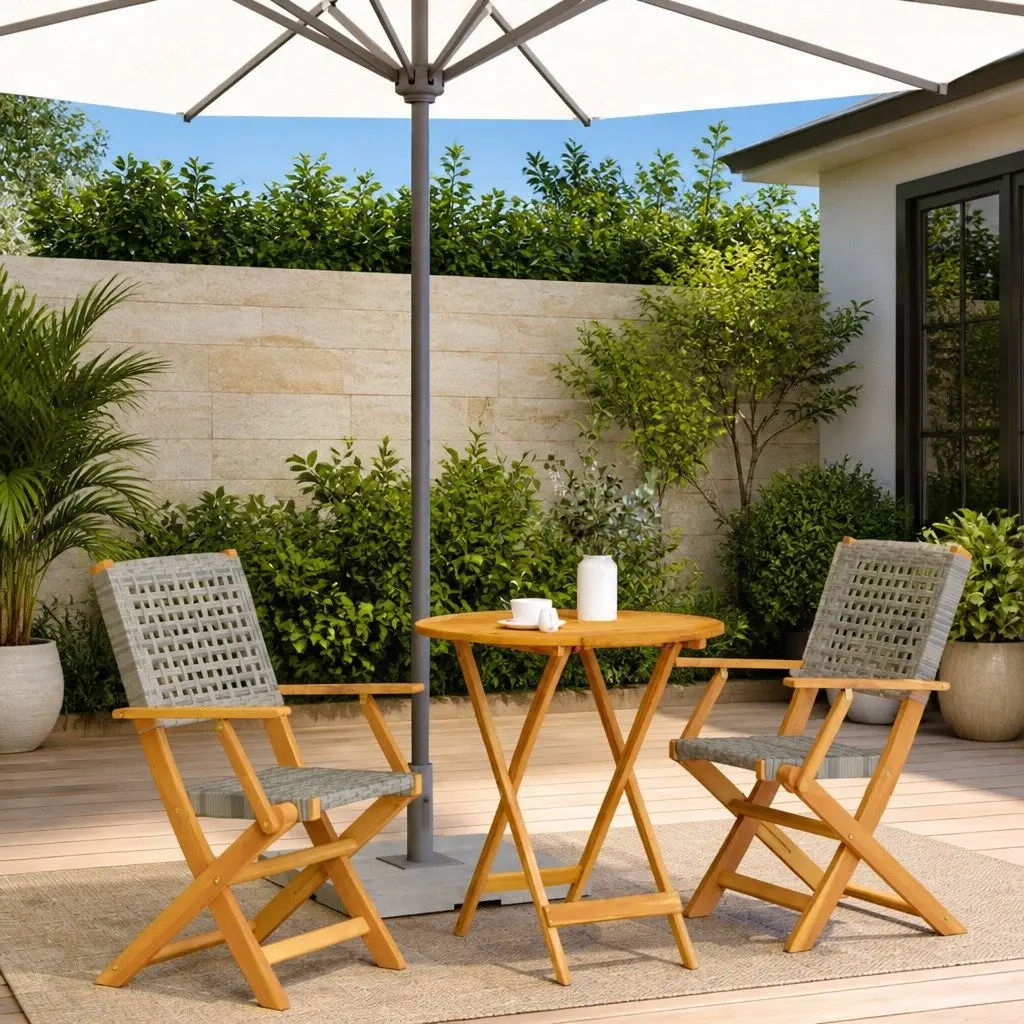 3 Piece Foldable Bistro Set Grey Acacia Wood Frame PE Rattan Outdoor Furniture for Garden Patio