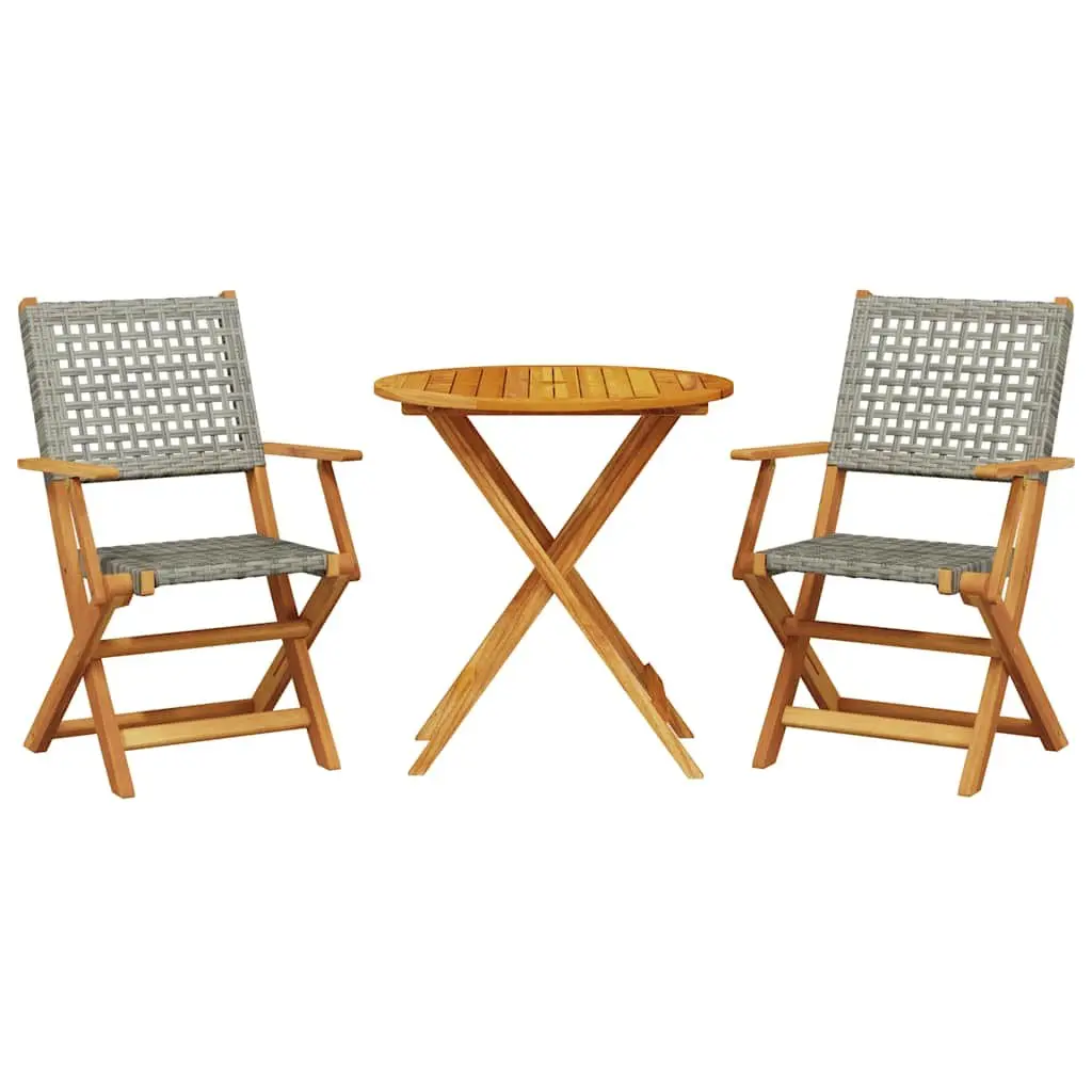 3 Piece Foldable Bistro Set Grey Acacia Wood Frame PE Rattan Outdoor Furniture for Garden Patio