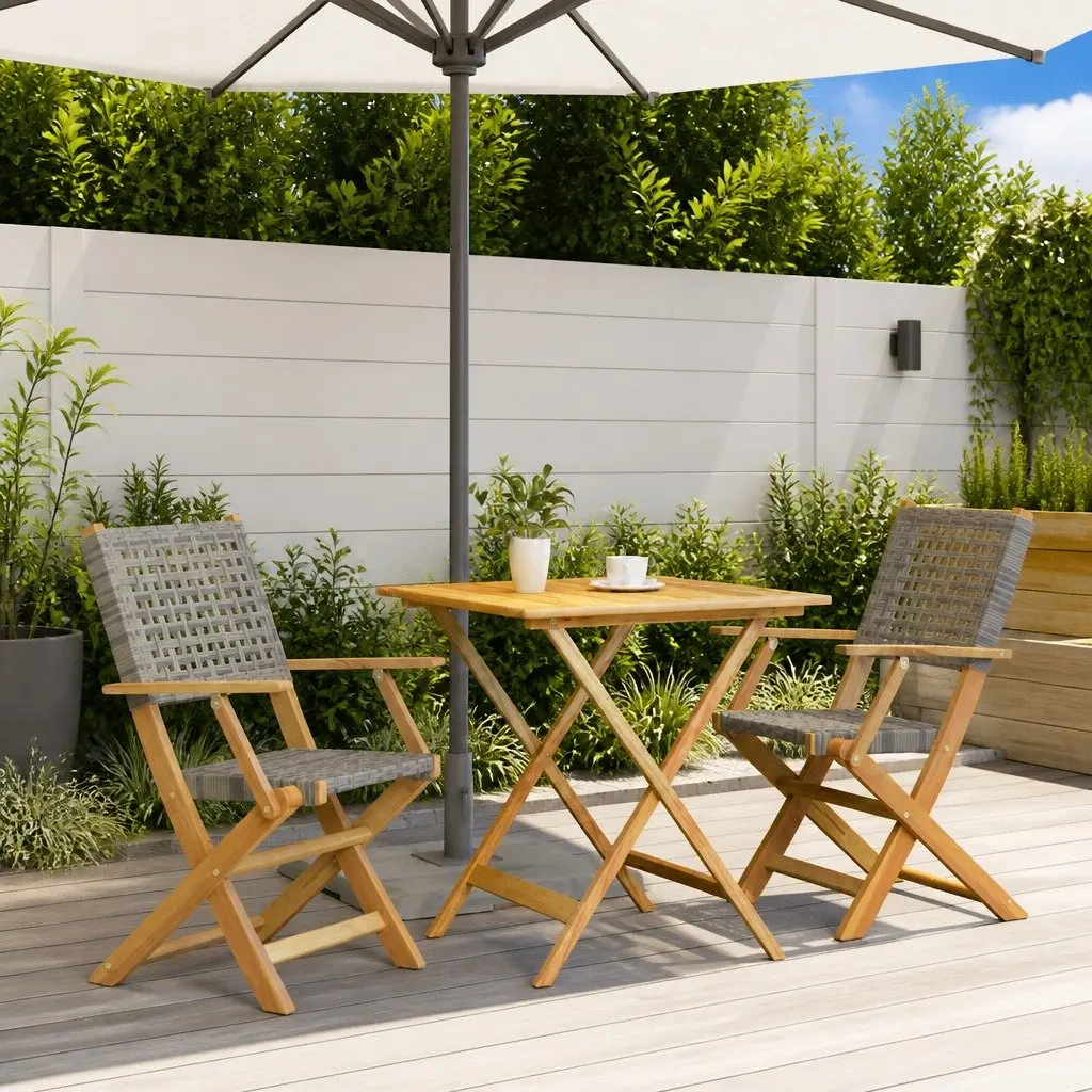 3 Piece Bistro Set Grey Outdoor Garden Furniture Poly Rattan Folding Dining