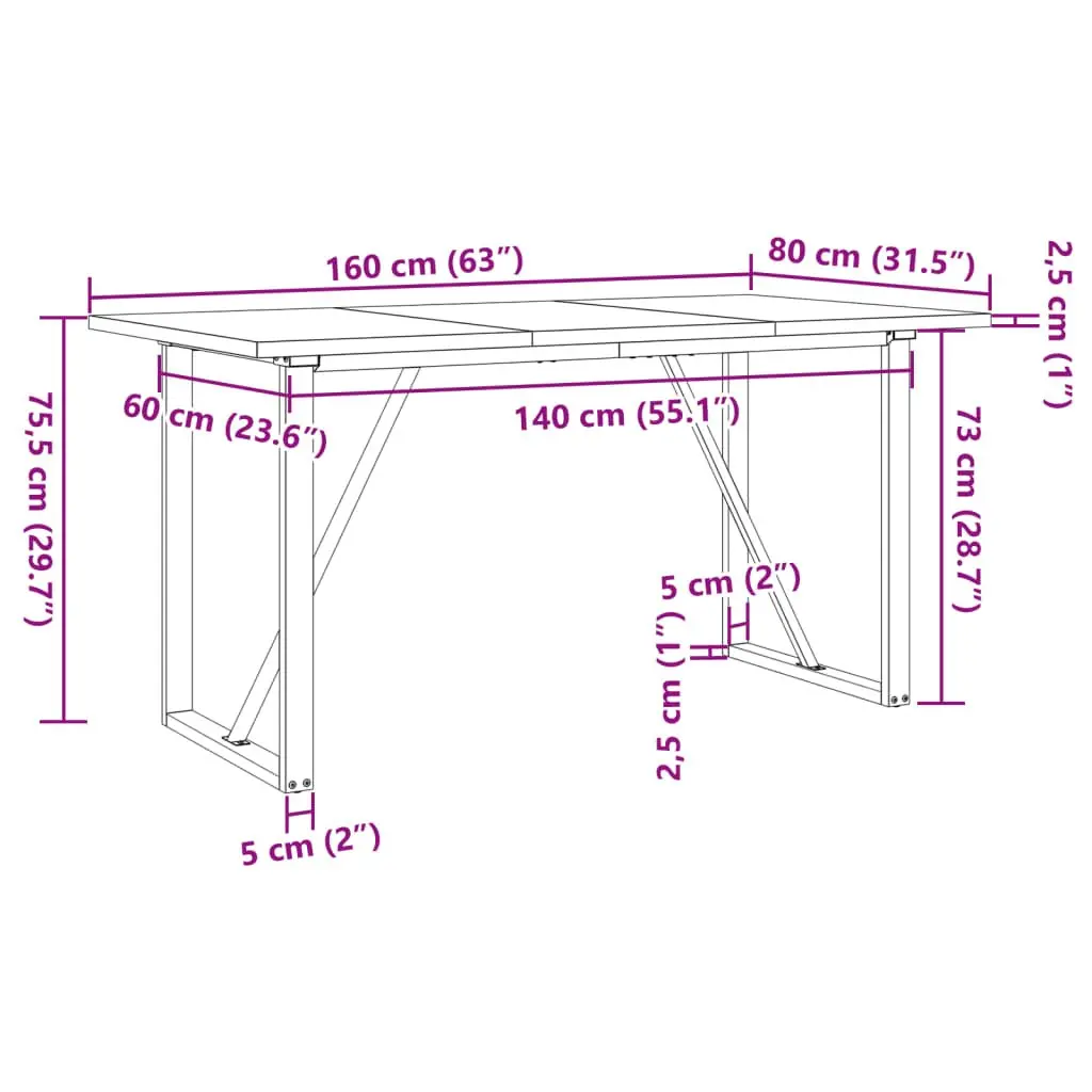 Dining Table Brown 160x80x75.5 cm Solid Wood Pine and Steel O-Frame