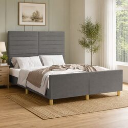 Double Bed Frame Grey Fabric Headboard 137x187cm Bedroom Furniture Slats