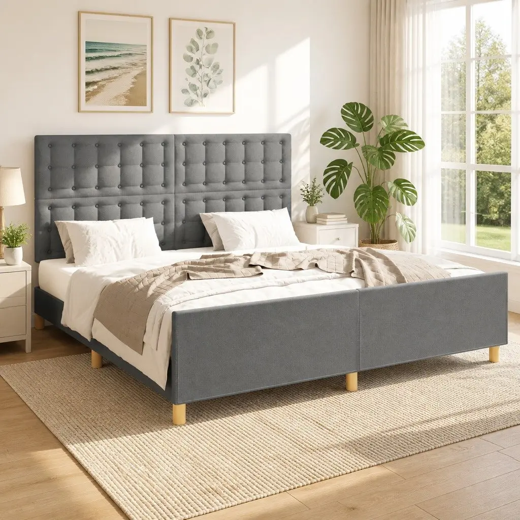 Queen Bed Frame Grey Fabric 152x203cm Adjustable Headboard Sturdy Legs