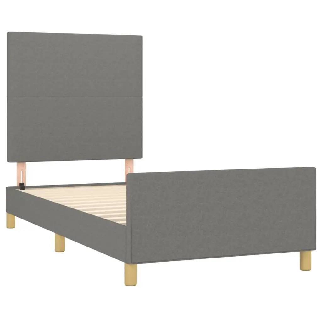 Bed Frame Grey Fabric King Single 107x203cm Adjustable Height Headboard Plywood Slats Sturdy Supportive Legs