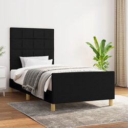 King Single Bed Frame Black 107x203cm Fabric Headboard Adjustable Height Support