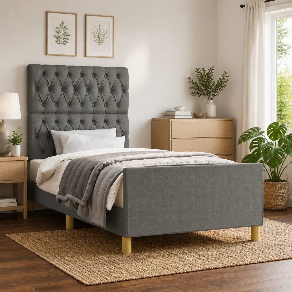 King Single Bed Frame Grey Fabric 107x203 cm Upholstered Platform