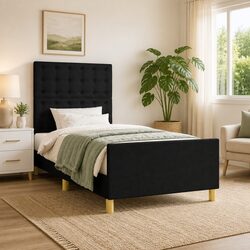 Compact King Single Bed Frame with Black Fabric Headboard