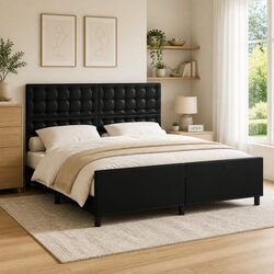 Queen Bed Frame Black Faux Leather Headboard 152x203 cm Bedroom Furniture