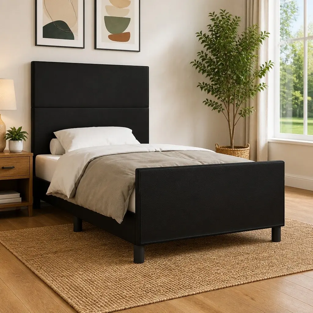 King Single Bed Frame Black 107x203cm Faux Leather Adjustable Headboard Sturdy Legs