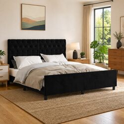 Stylish Velvet Queen Bed Frame with Height Adjustability