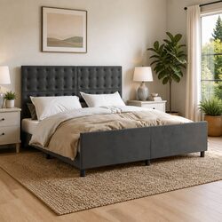 Queen Bed Frame Dark Grey Velvet Headboard 152x203 cm Bedroom Furniture Slats