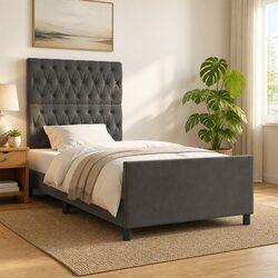 Concise Grey Velvet King Single Bed Frame with Headboard
