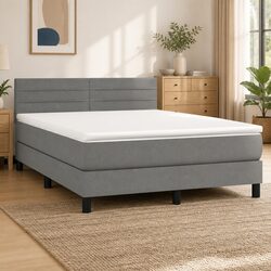 Queen Size Box Spring Bed with Pocket Spring Mattress Grey Fabric Adjustable