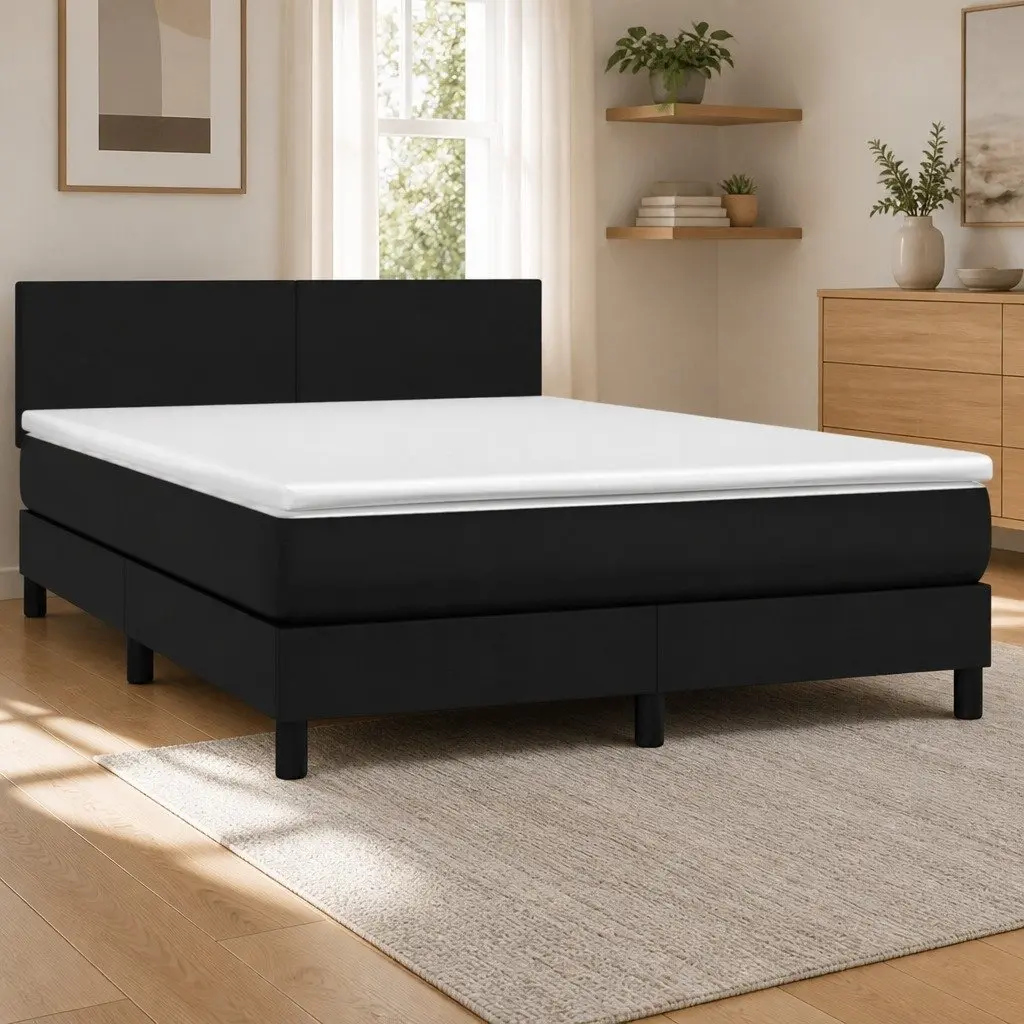 Box Spring Bed Black Queen Size Faux Leather with Pocket Spring Mattress