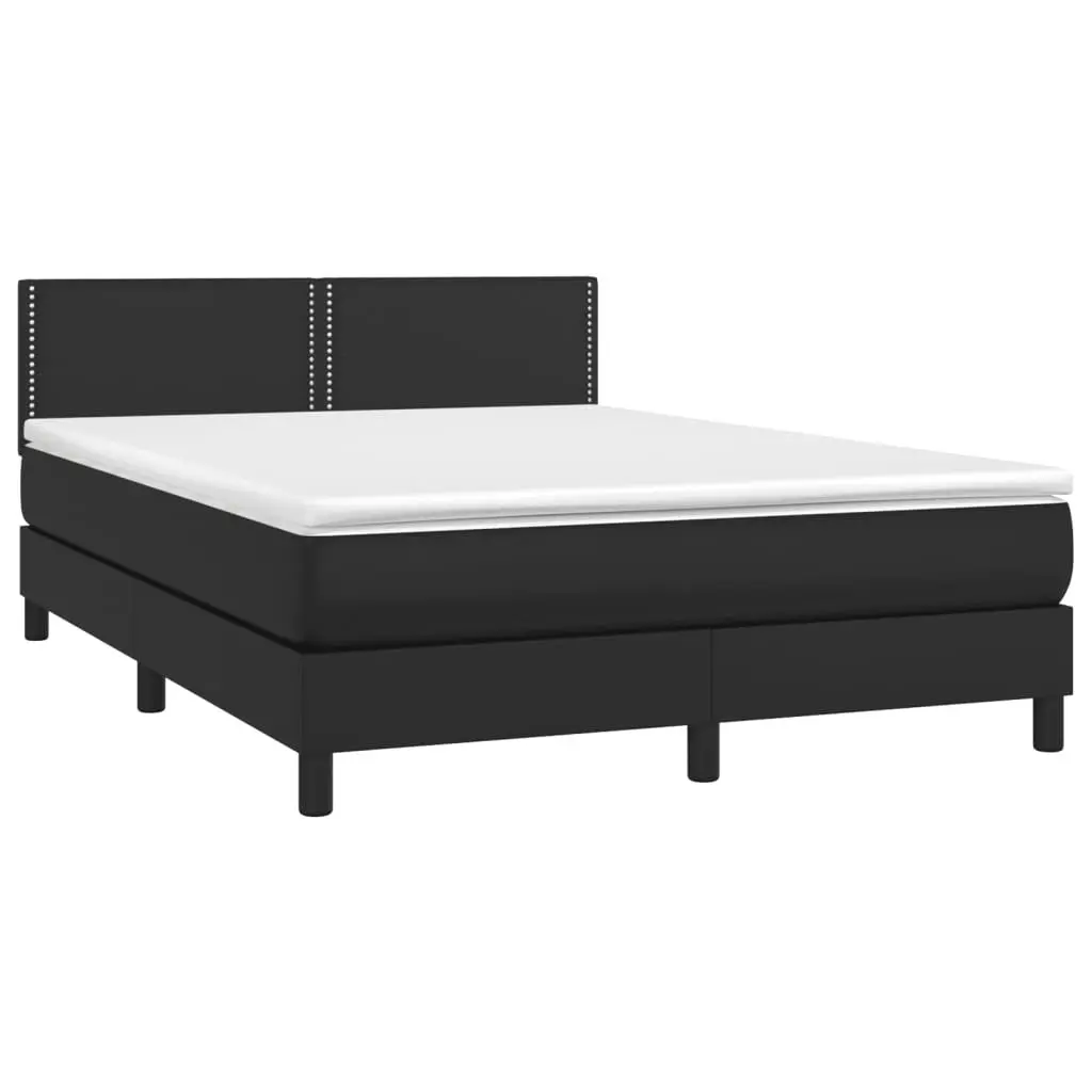 Queen Size Box Spring Bed Black Faux Leather Pocket Spring Mattress