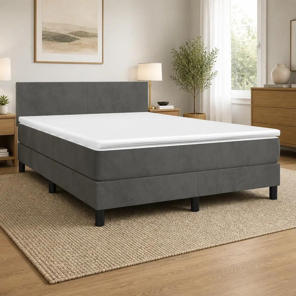 Box Spring Bed Grey Queen Size Velvet Upholstered Frame with Adjustable Headboard and Pocket Spring Mattress