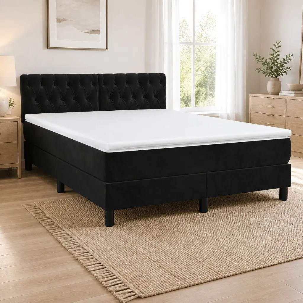 Queen Size Box Spring Bed Black Velvet Adjustable Headboard Pocket Spring Mattress