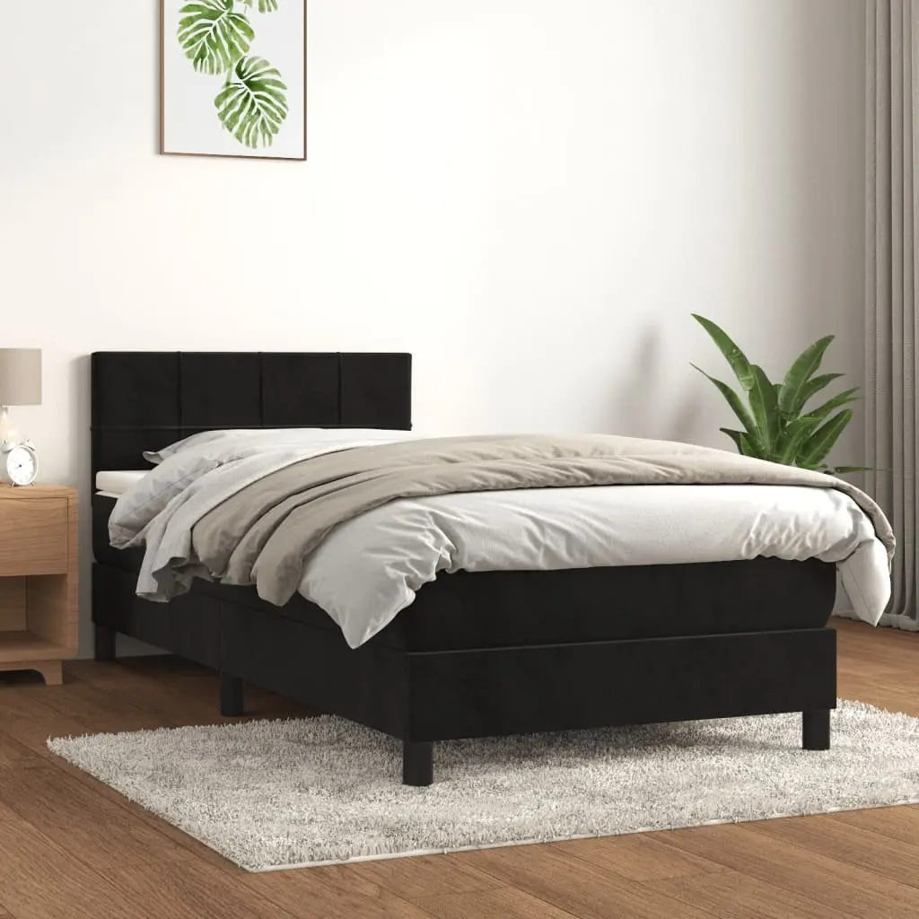 Box Spring Bed Black King Single 106x203 cm Velvet Upholstered Frame Pocket Spring Mattress