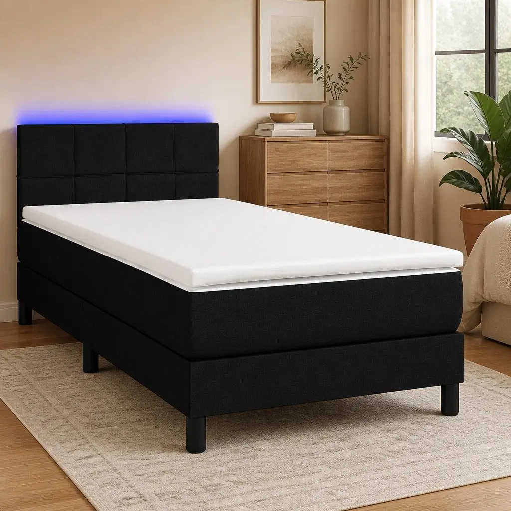 Box Spring Bed Black King Single Adjustable Headboard with LED Lighting and Pocket Sprung Mattress
