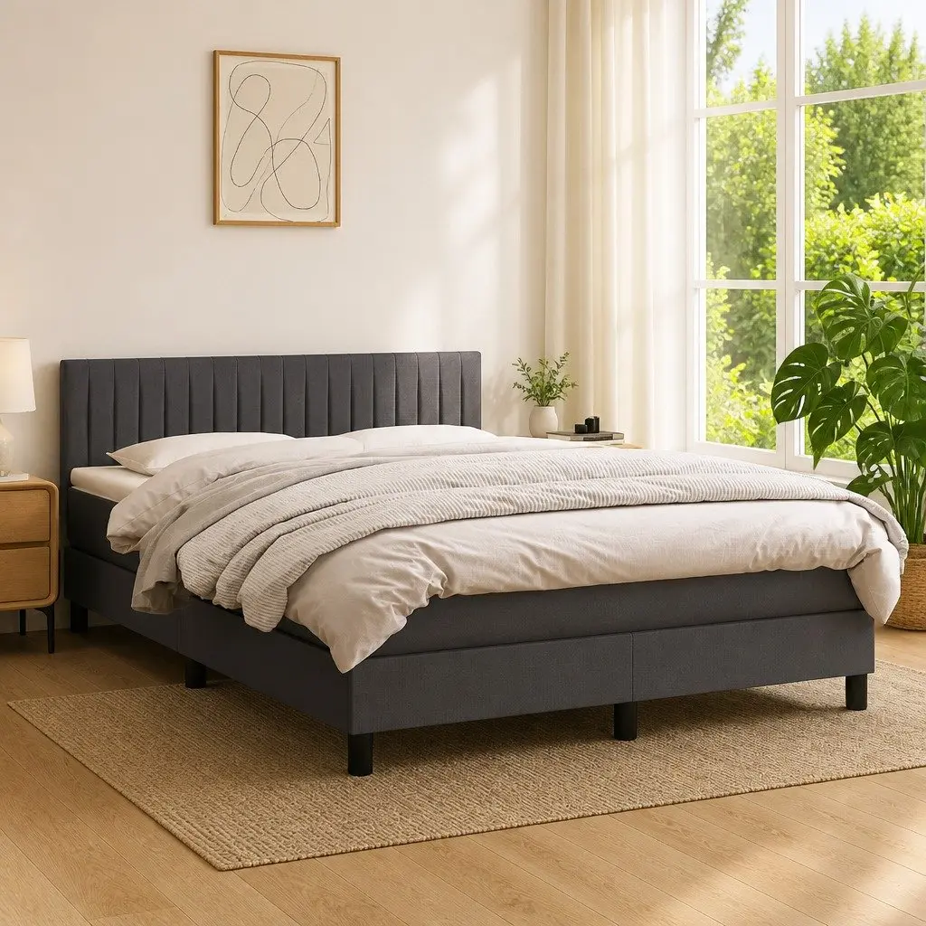 Queen Size Box Spring Bed Grey Fabric Adjustable LED Headboard Pocket Spring Mattress
