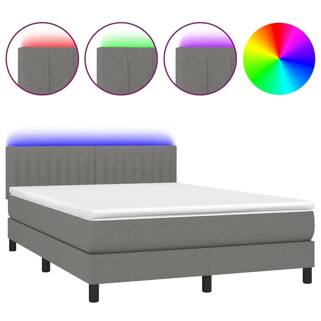 Queen Size Box Spring Bed Grey Fabric Adjustable LED Headboard Pocket Spring Mattress