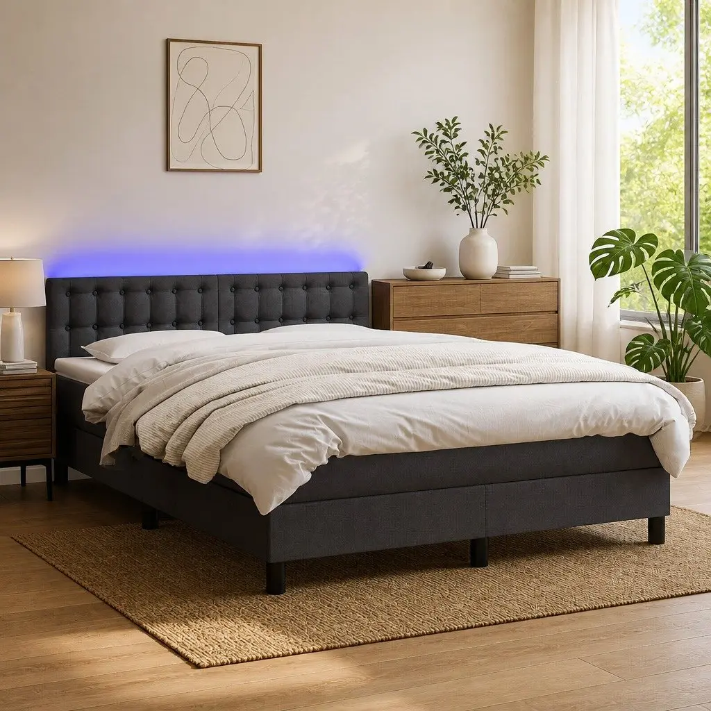 Queen Size Box Spring Bed Grey Fabric Pocket Spring Mattress Adjustable Headboard LED Lighting
