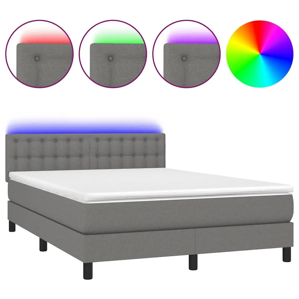 Queen Size Box Spring Bed Grey Fabric Pocket Spring Mattress Adjustable Headboard LED Lighting