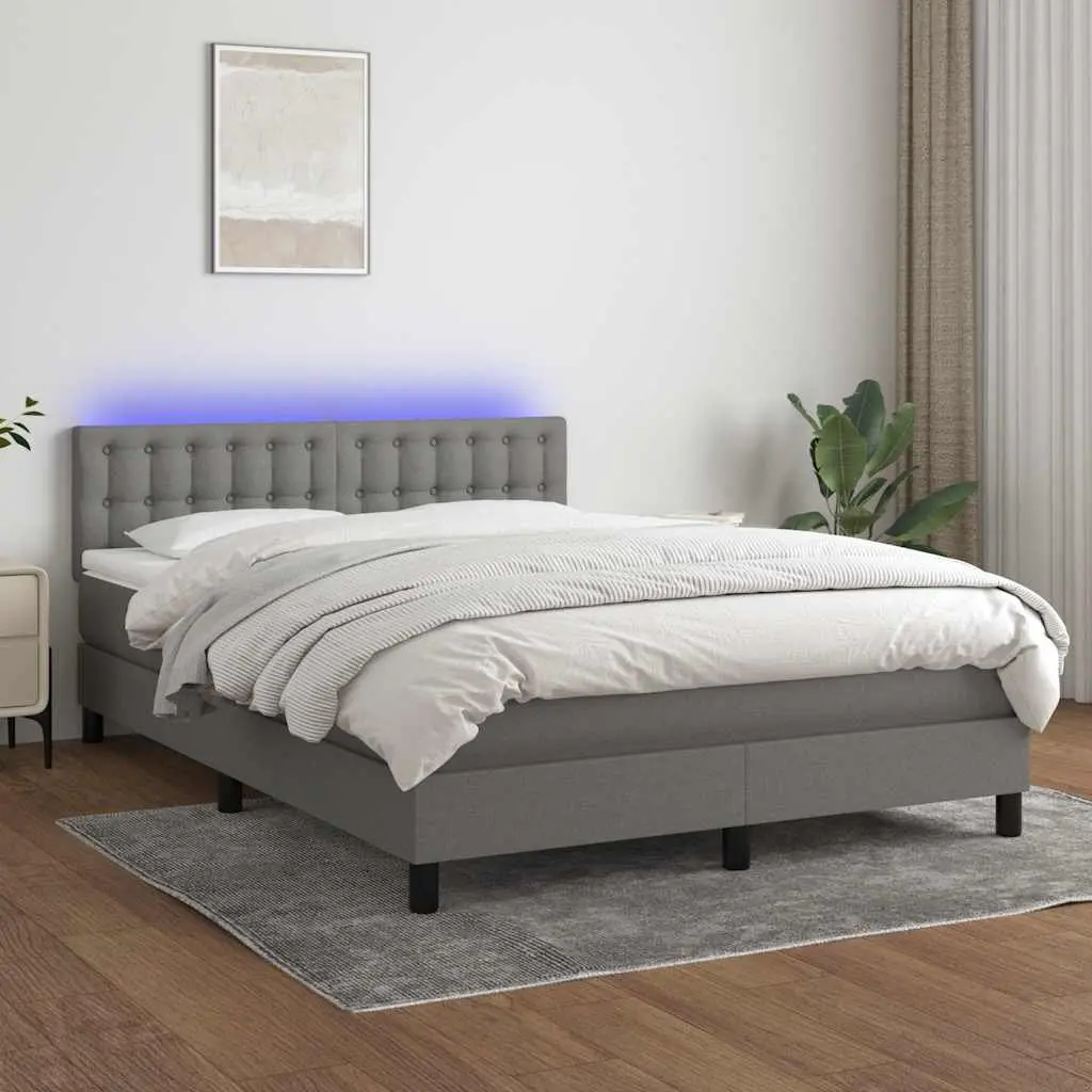 Queen Size Box Spring Bed Grey Fabric Pocket Spring Mattress Adjustable Headboard LED Lighting