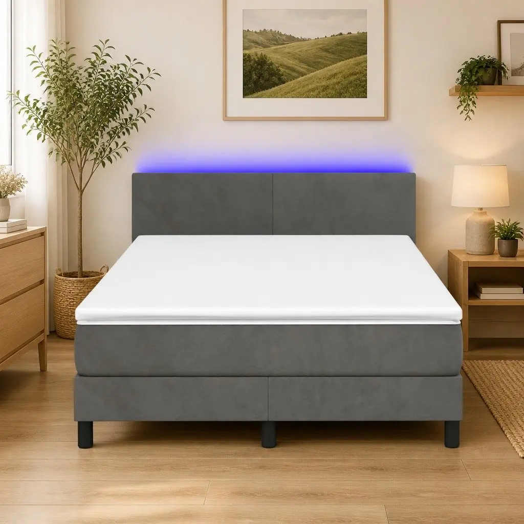 Box Spring Bed Dark Grey Queen Size Pocket Spring Mattress LED Headboard