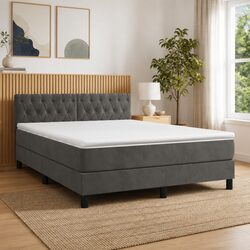 Queen Size Box Spring Bed with Pocket Spring Mattress LED Headboard Dark Grey