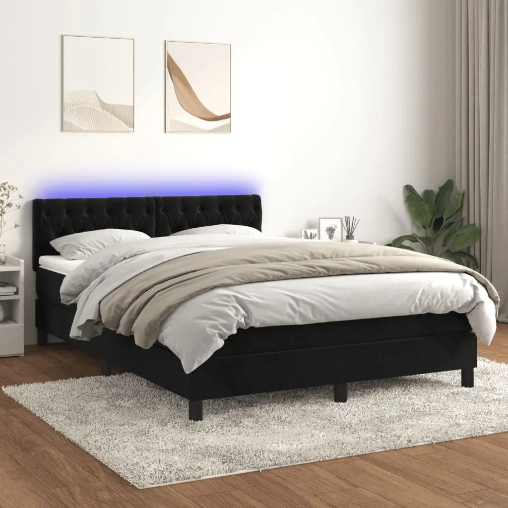 Box Spring Bed Black Velvet Queen Size Integrated Pocket Mattress Adjustable LED Headboard 152x203cm